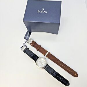 Men's Watch BULOVA Wristwatch 38MM Gray Dial Black Brown Leather Band Straps